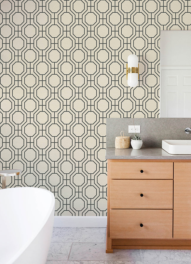 Manor Black Geometric Trellis Wallpaper  | Brewster Wallcovering - The WorkRm