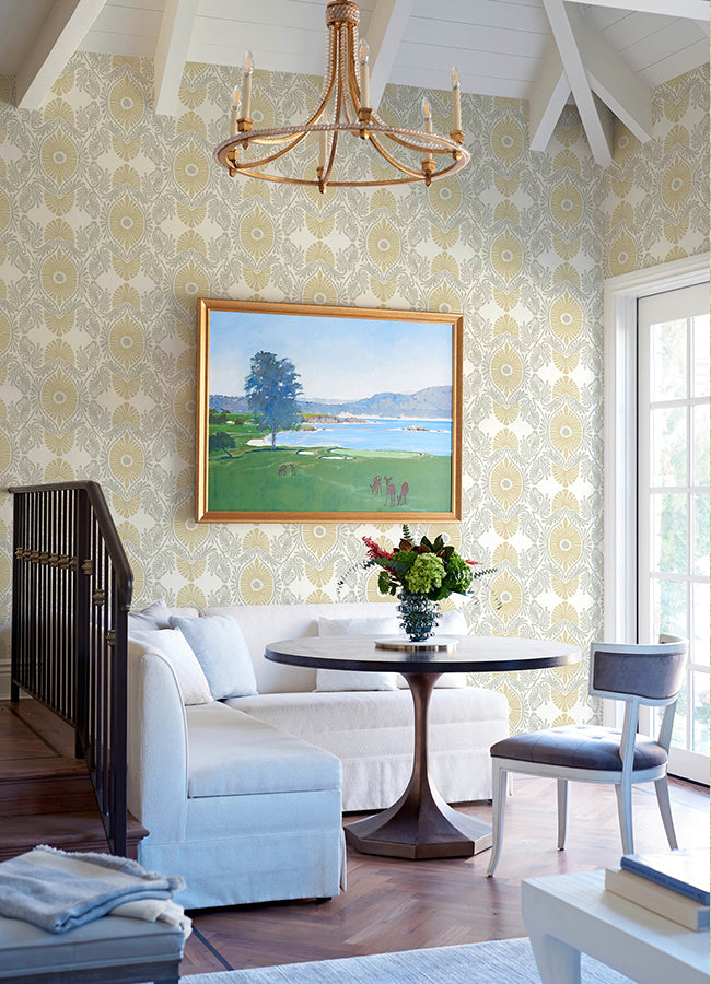 Villa Light Yellow Embellished Ogee Wallpaper - Brewster Wallcovering