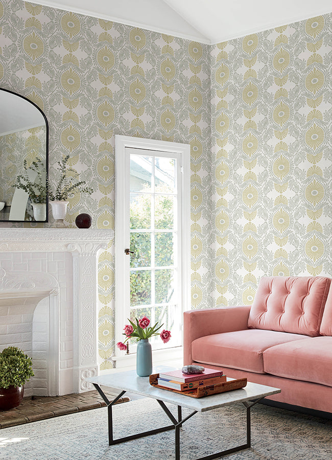 Villa Light Yellow Embellished Ogee Wallpaper - Brewster Wallcovering