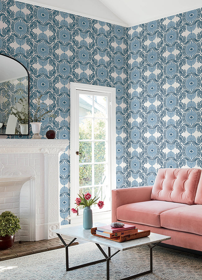 Villa Blue Embellished Ogee Wallpaper  | Brewster Wallcovering