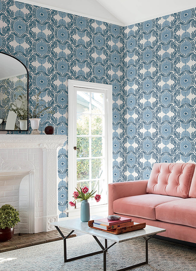 Villa Blue Embellished Ogee Wallpaper - Brewster Wallcovering