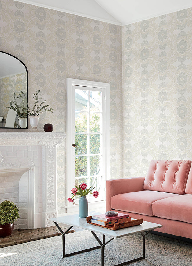 Villa Bone Embellished Ogee Wallpaper - Brewster Wallcovering