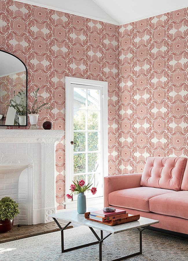 Villa Raspberry Embellished Ogee Wallpaper  | Brewster Wallcovering