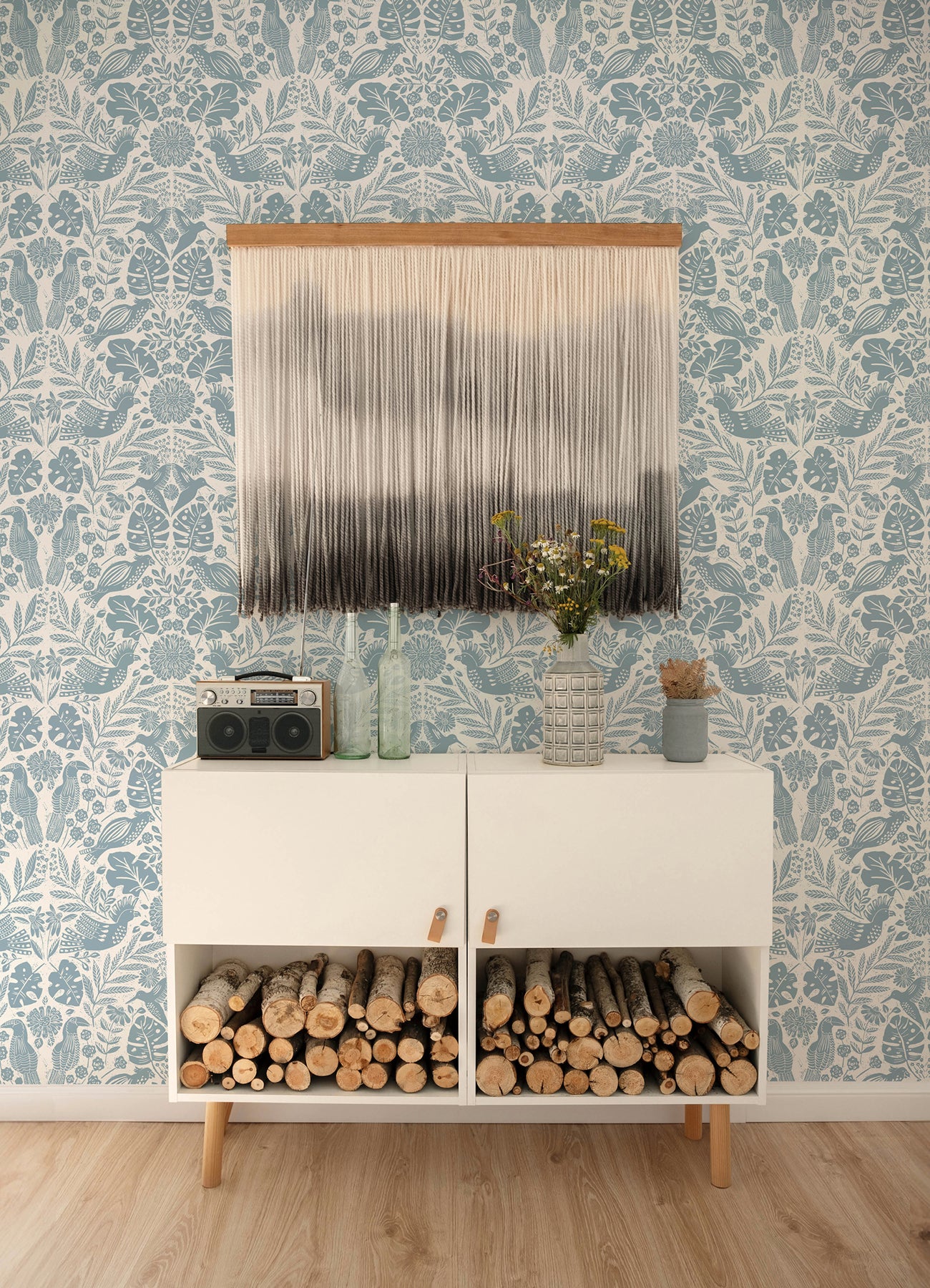 Nestle Blue Bird Block Print Wallpaper - Brewster Wallcovering