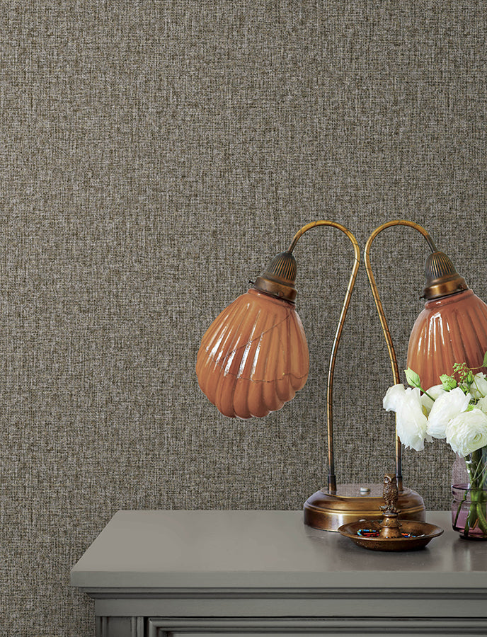 Halliday Espresso Faux Linen Wallpaper - Brewster Wallcovering