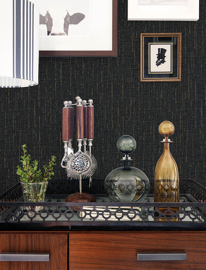 Sanburn Black Metallic Linen Wallpaper - Brewster Wallcovering