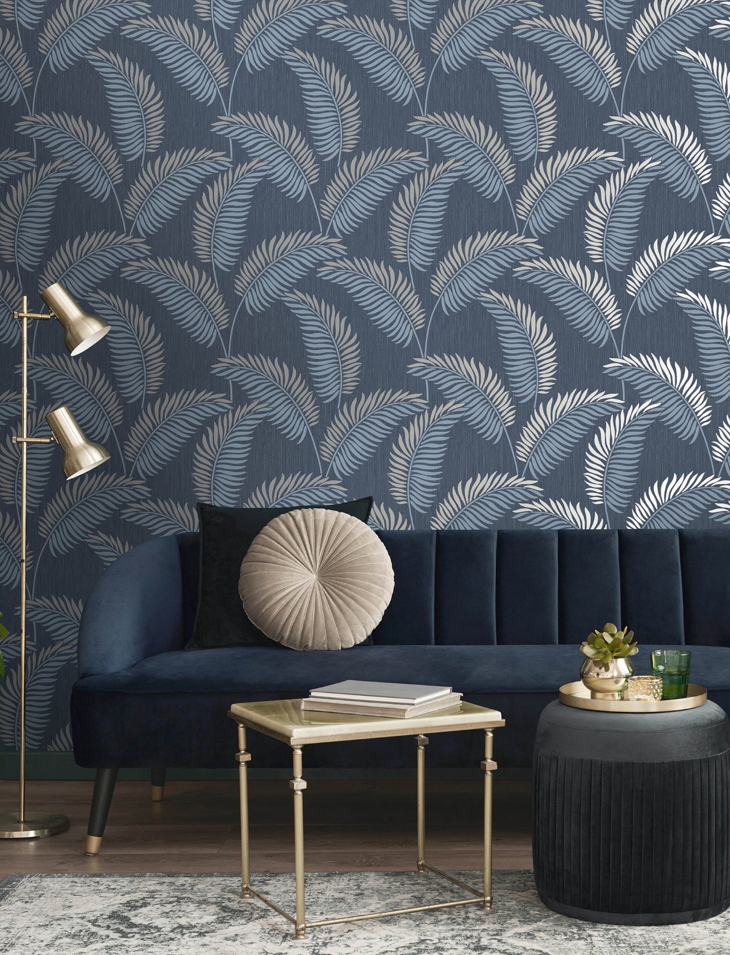 Leaf Navy Tropical Wallpaper - Brewster Wallcovering