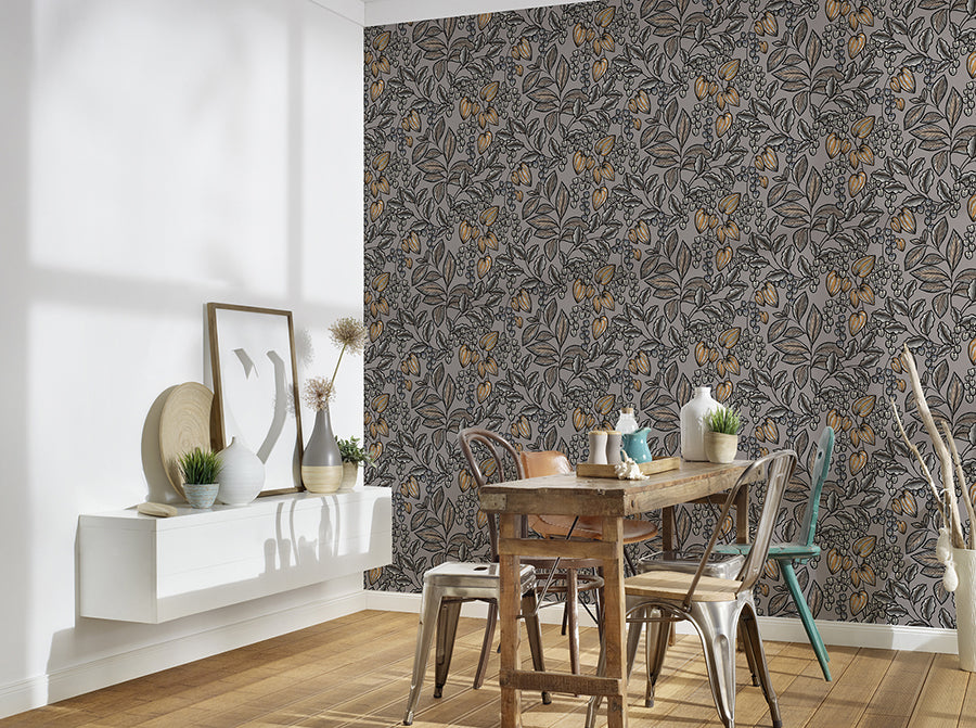 Leif Grey Vine Trail Wallpaper - Brewster Wallcovering