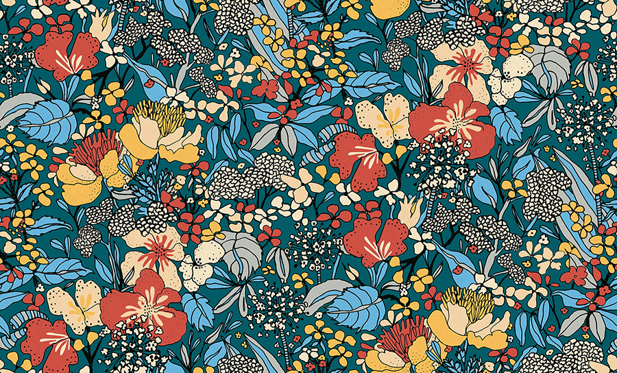 Zetta Blue Floral Riot Wallpaper - Brewster Wallcovering