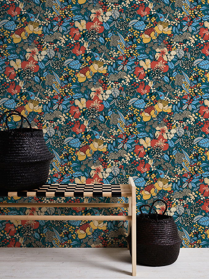 Zetta Blue Floral Riot Wallpaper - Brewster Wallcovering