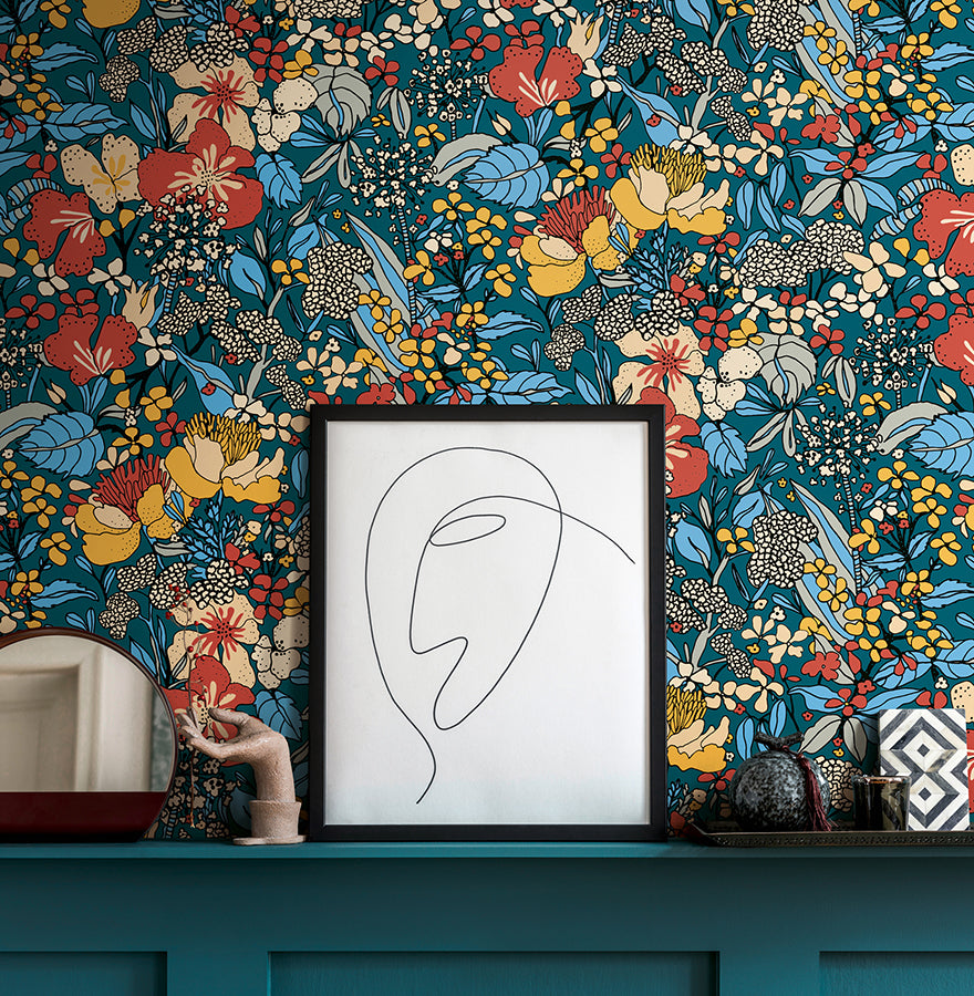 Zetta Blue Floral Riot Wallpaper - Brewster Wallcovering