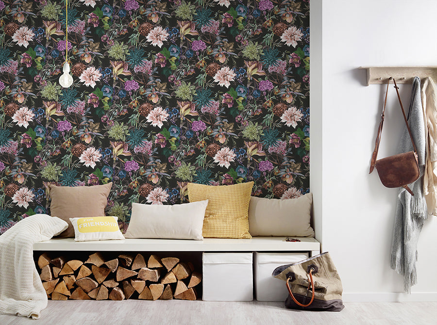 Althea Black Flower Garden Wallpaper - Brewster Wallcovering