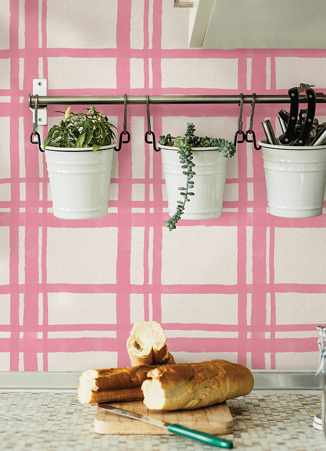 Plaid Think Pink Geometric Peel and Stick Wallpaper - Brewster Wallcovering