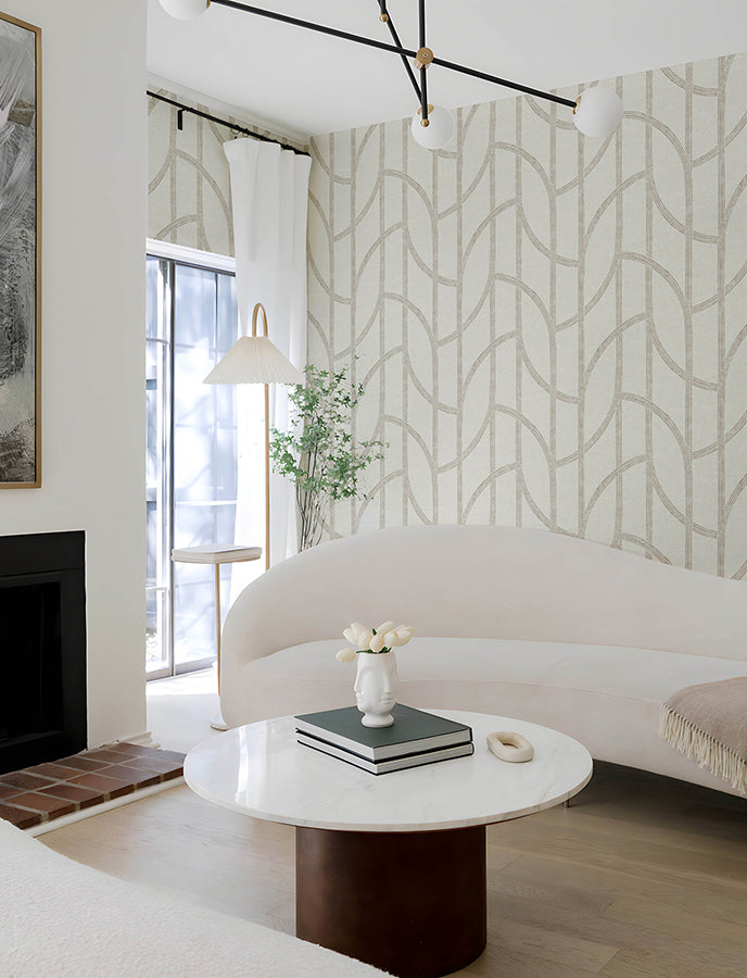 Harlow Champagne Curved Contours Wallpaper - Brewster Wallcovering