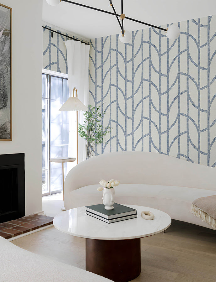 Harlow Indigo Curved Contours Wallpaper  | Brewster Wallcovering - The WorkRm