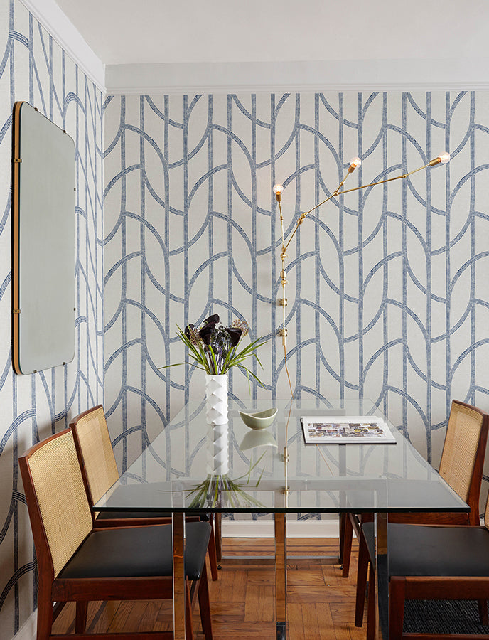 Harlow Indigo Curved Contours Wallpaper  | Brewster Wallcovering