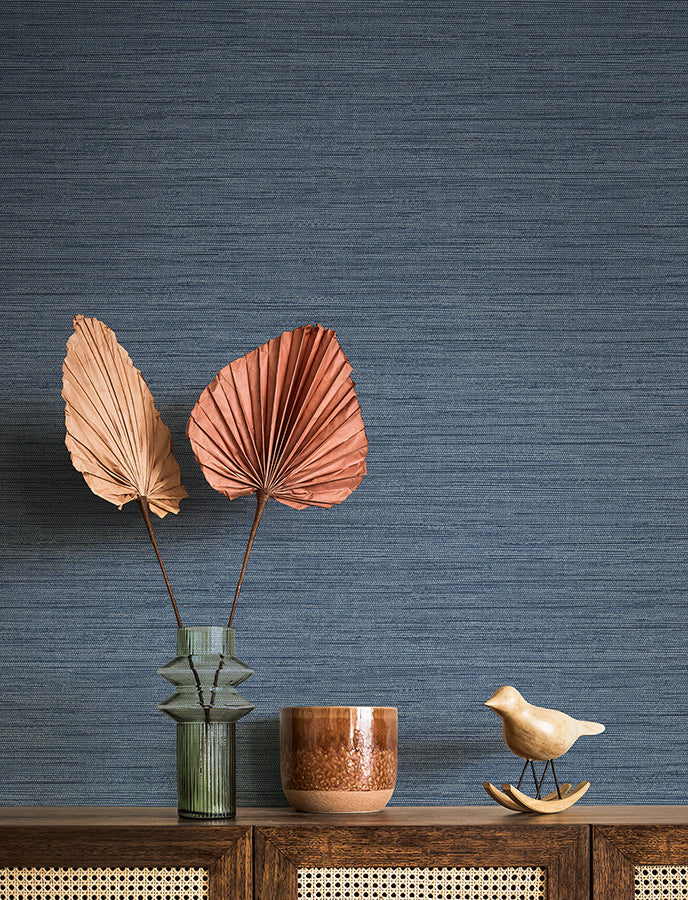 Sheehan Denim Faux Grasscloth Wallpaper - Brewster Wallcovering