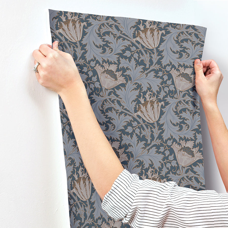 Anemone Dark Blue Floral Trail Wallpaper  | Brewster Wallcovering - The WorkRm