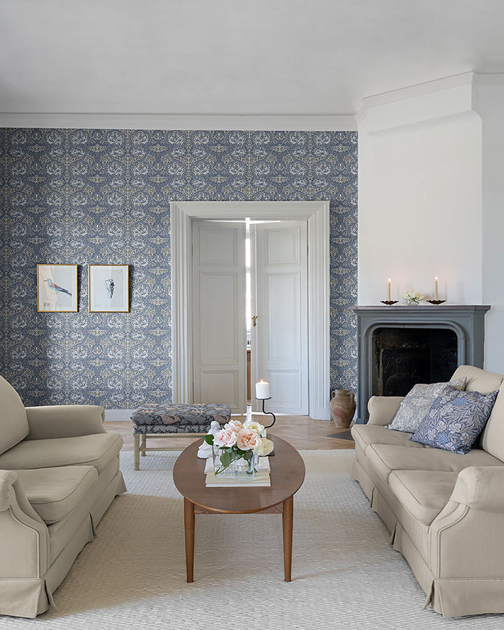 African Marigold Blue Floral Wallpaper  | Brewster Wallcovering - The WorkRm