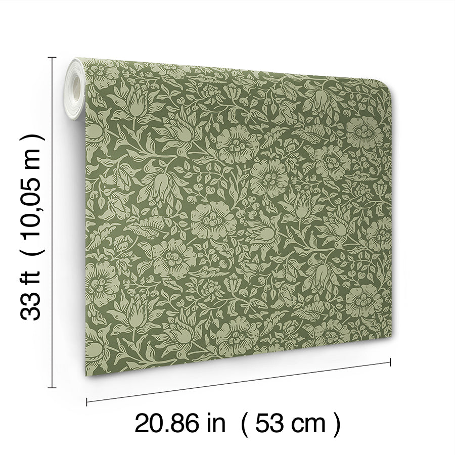 Mallow Dark Green Floral Vine Wallpaper - Brewster Wallcovering