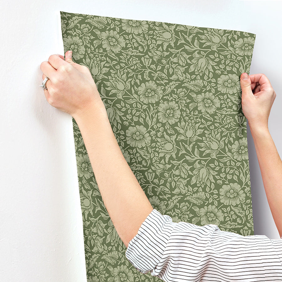 Mallow Dark Green Floral Vine Wallpaper - Brewster Wallcovering