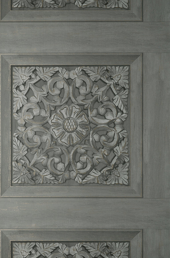 Albie Dark Grey Carved Panel Wallpaper - Brewster Wallcovering