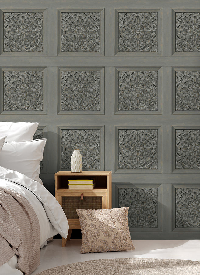 Albie Dark Grey Carved Panel Wallpaper - Brewster Wallcovering