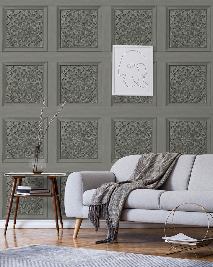 Albie Dark Grey Carved Panel Wallpaper - Brewster Wallcovering