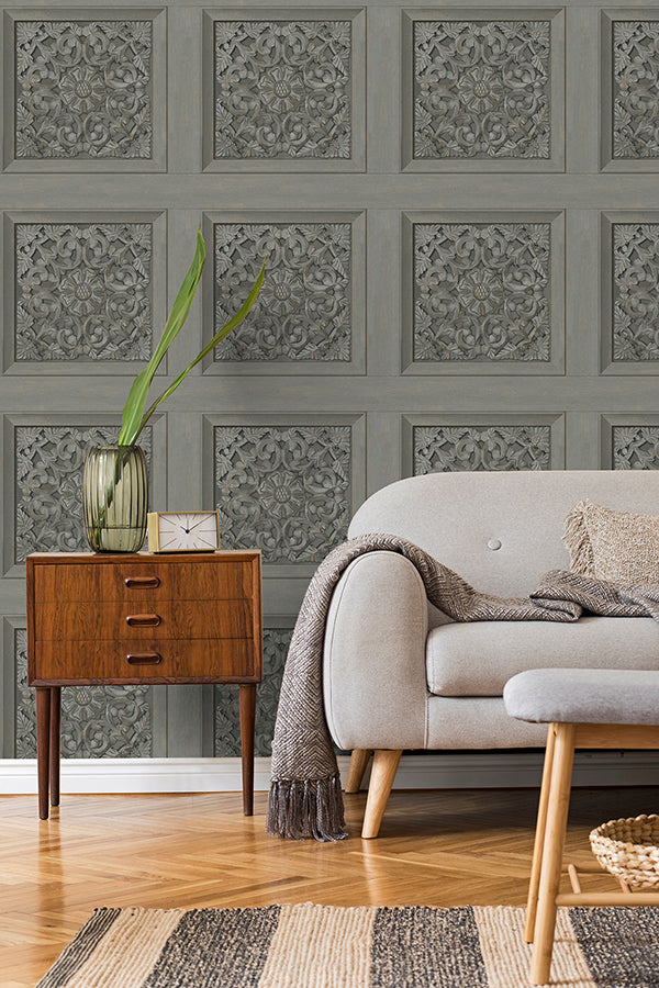 Albie Dark Grey Carved Panel Wallpaper - Brewster Wallcovering