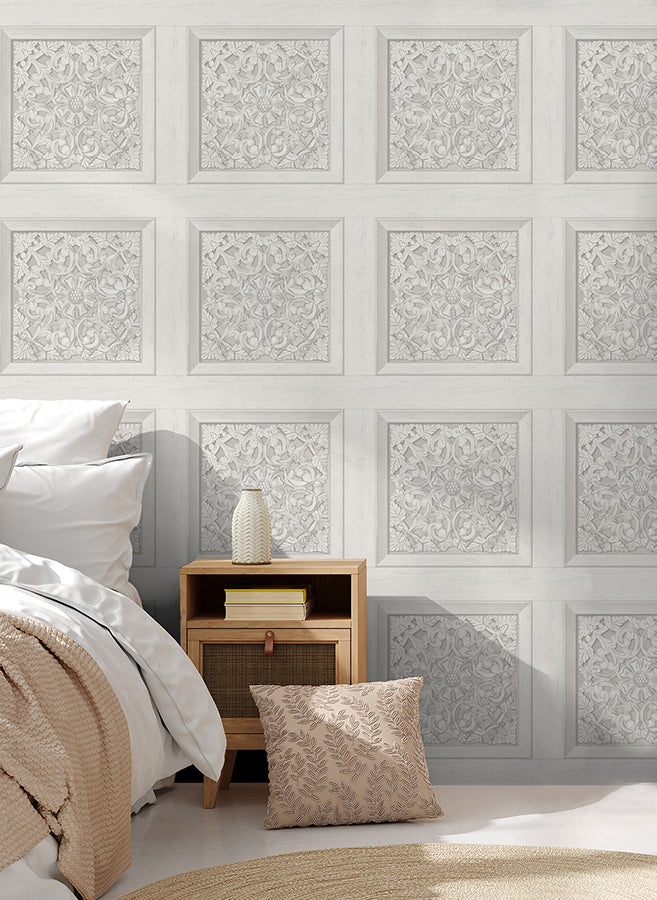 Albie Dove Carved Panel Wallpaper - Brewster Wallcovering