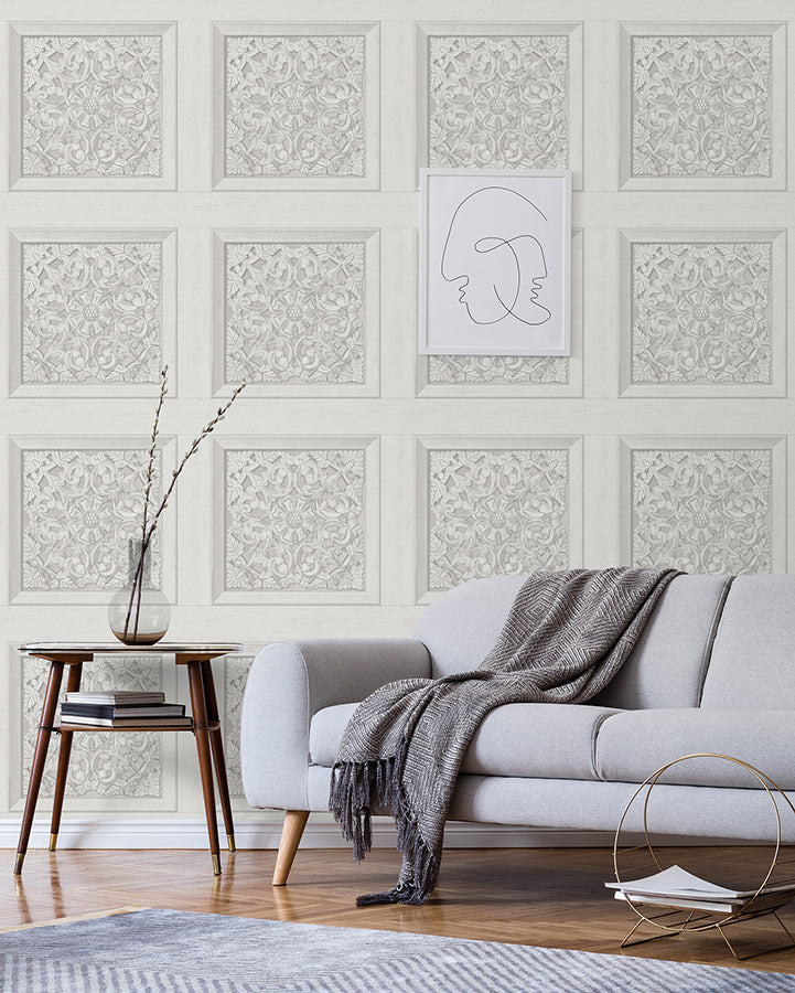 Albie Dove Carved Panel Wallpaper - Brewster Wallcovering