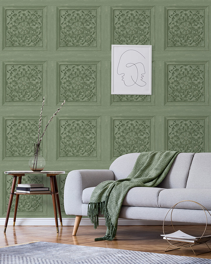 Albie Moss Carved Panel Wallpaper  | Brewster Wallcovering