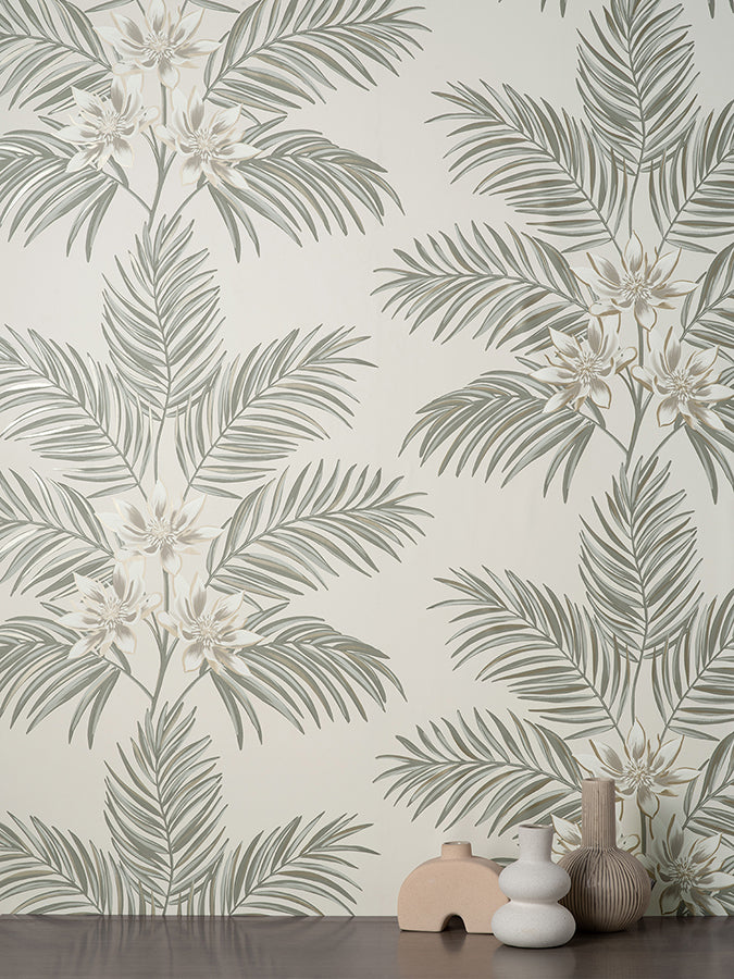 Bali Light Grey Palm Wallpaper - Brewster Wallcovering