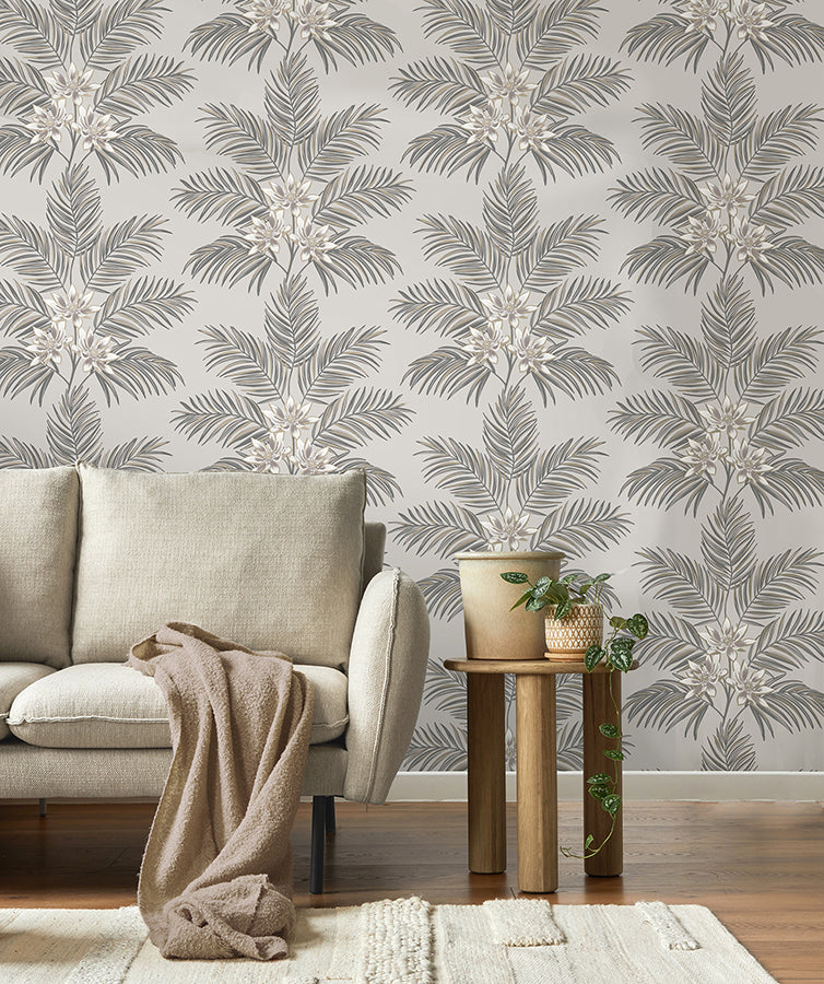 Bali Light Grey Palm Wallpaper - Brewster Wallcovering