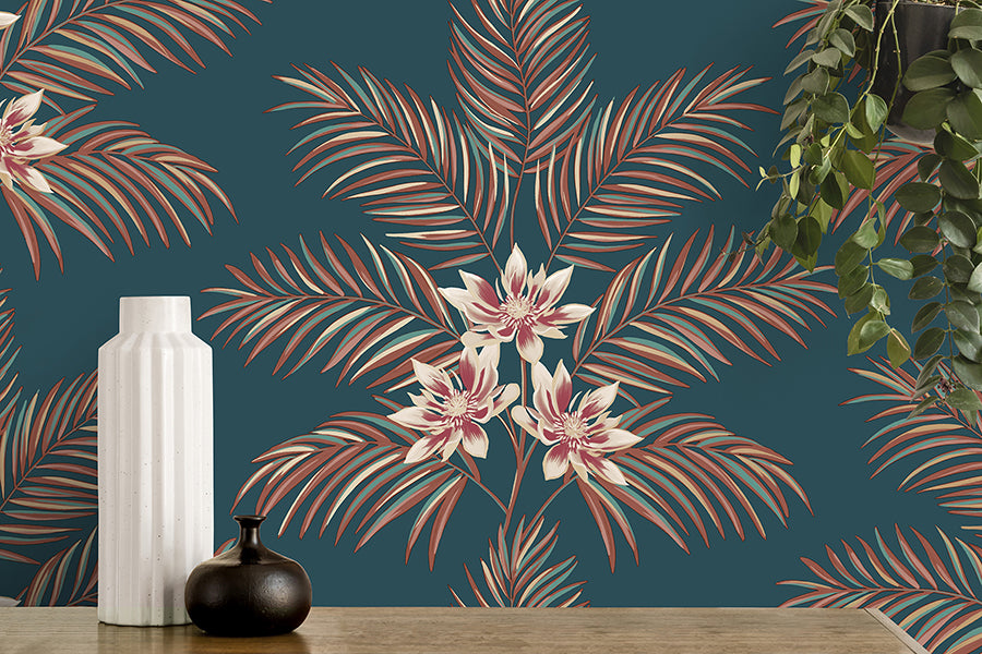 Bali Teal Palm Wallpaper - Brewster Wallcovering