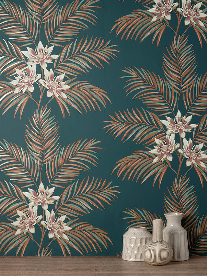 Bali Teal Palm Wallpaper - Brewster Wallcovering