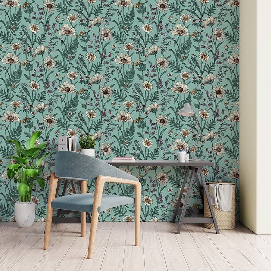 Arden Blue Wild Meadow Wallpaper  | Brewster Wallcovering - The WorkRm