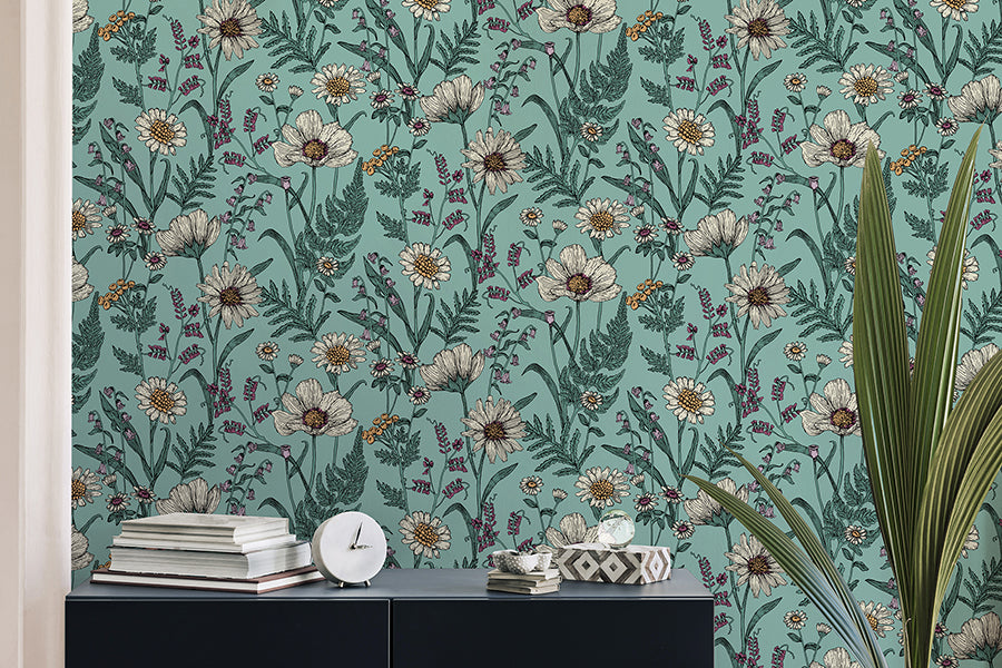 Arden Blue Wild Meadow Wallpaper  | Brewster Wallcovering - The WorkRm