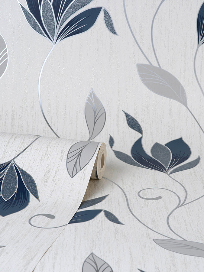 Synergy Navy Floral Wallpaper - Brewster Wallcovering