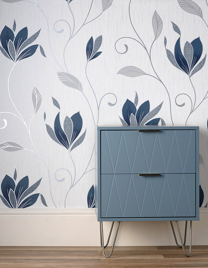 Synergy Navy Floral Wallpaper - Brewster Wallcovering