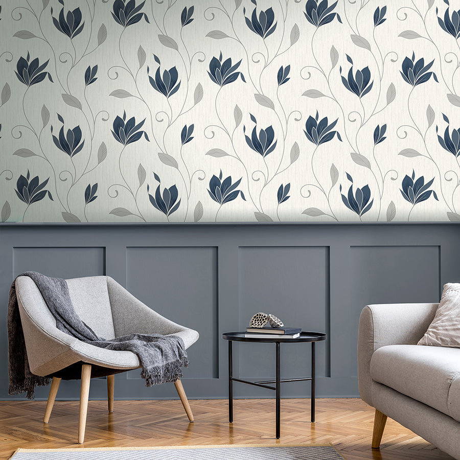 Synergy Navy Floral Wallpaper - Brewster Wallcovering