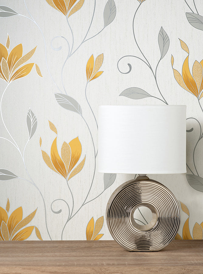 Synergy Yellow Floral Wallpaper - Brewster Wallcovering