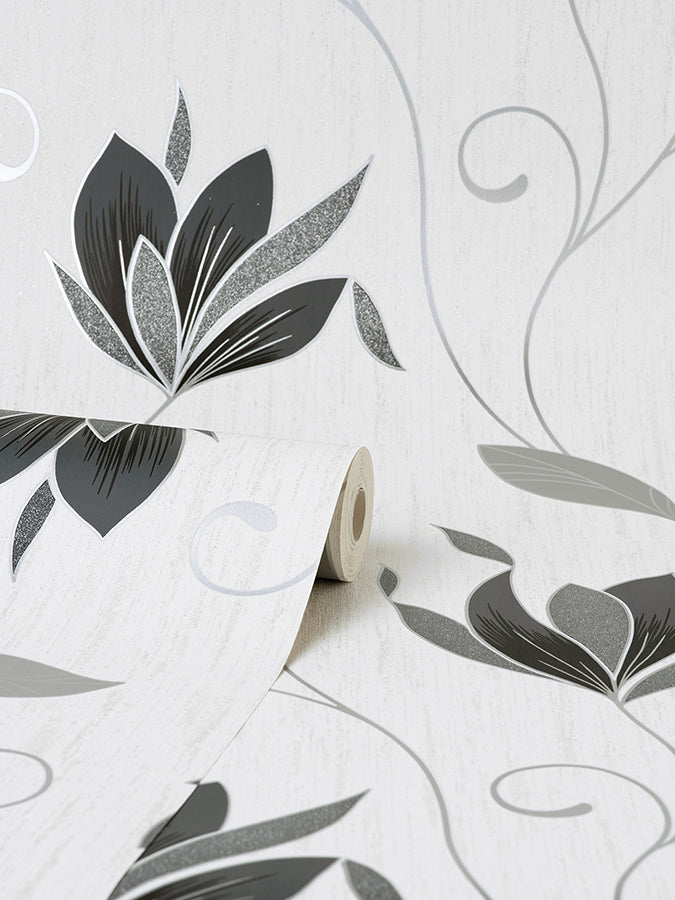 Synergy Black Floral Wallpaper - Brewster Wallcovering