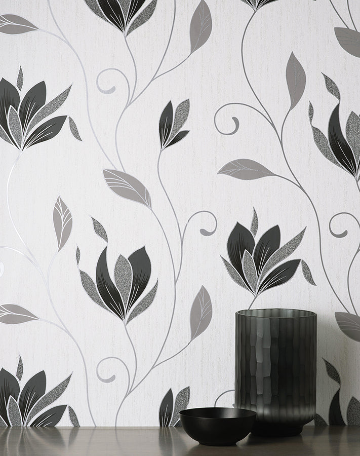 Synergy Black Floral Wallpaper - Brewster Wallcovering