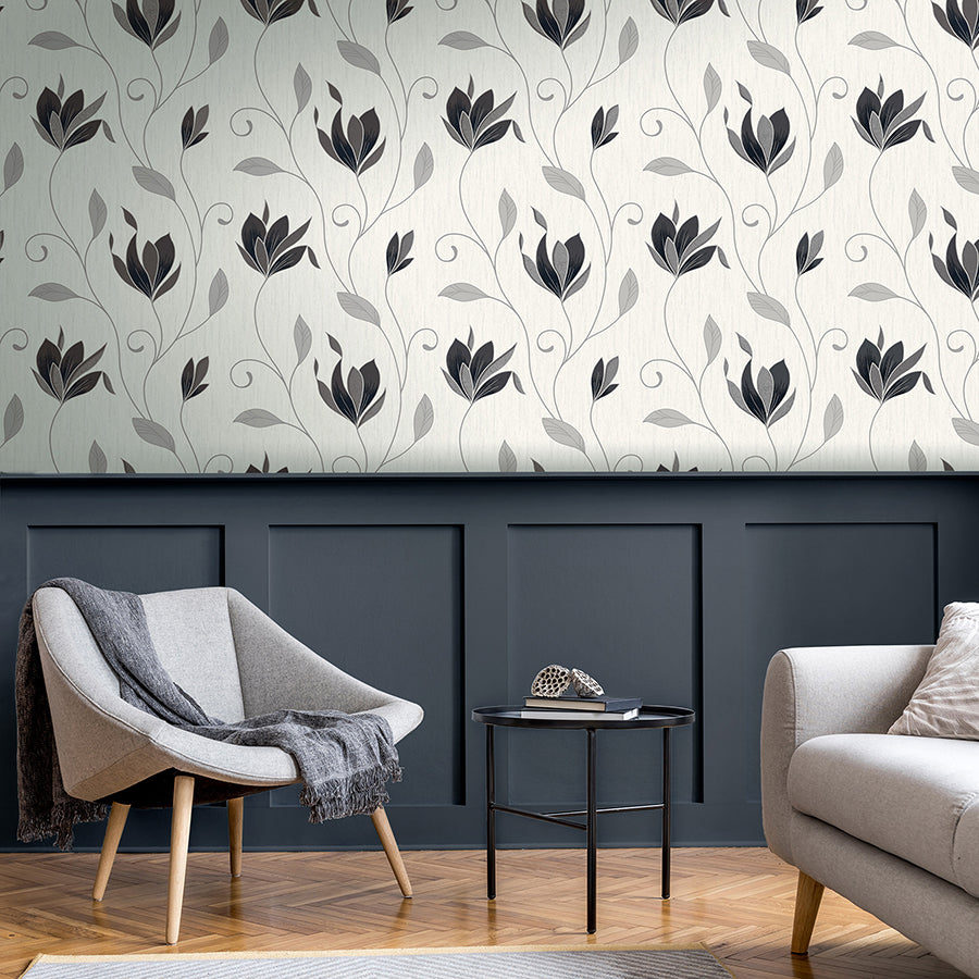 Synergy Black Floral Wallpaper - Brewster Wallcovering