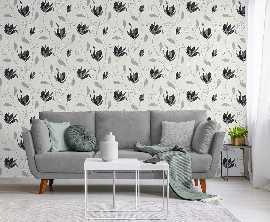 Synergy Black Floral Wallpaper - Brewster Wallcovering