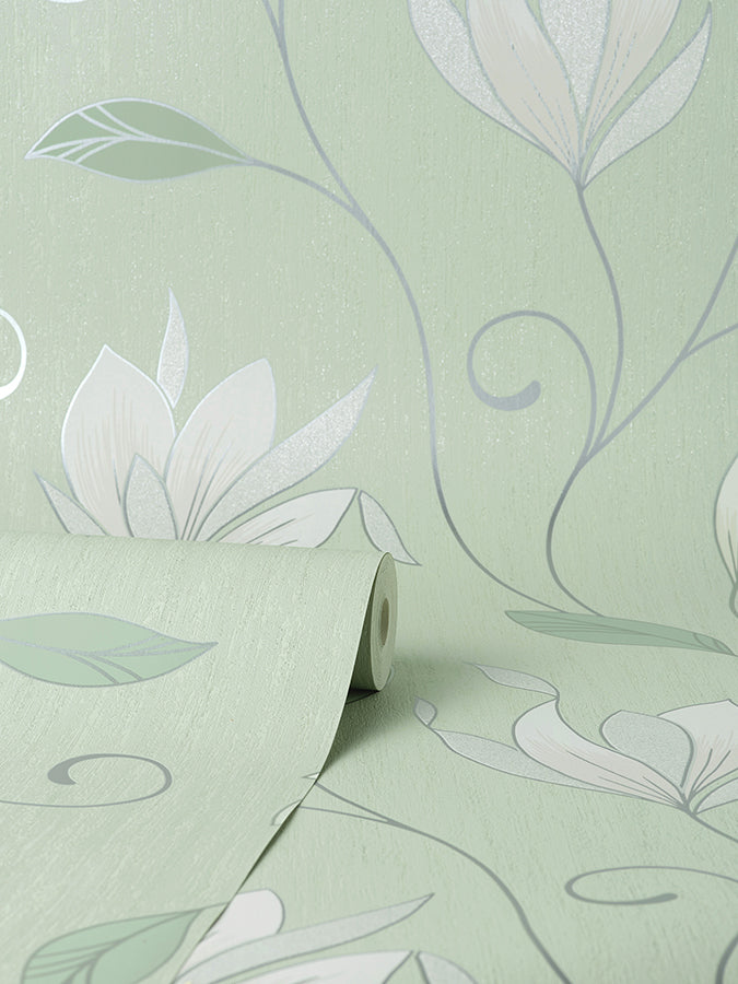 Synergy Light Green Floral Wallpaper - Brewster Wallcovering