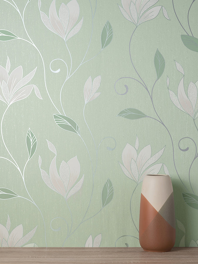 Synergy Light Green Floral Wallpaper - Brewster Wallcovering