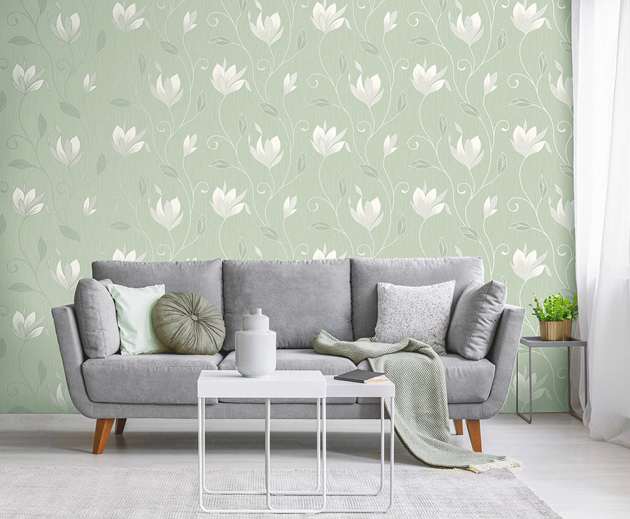 Synergy Light Green Floral Wallpaper - Brewster Wallcovering