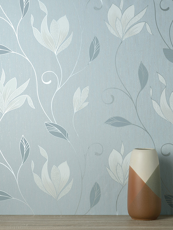 Synergy Light Blue Floral Wallpaper - Brewster Wallcovering